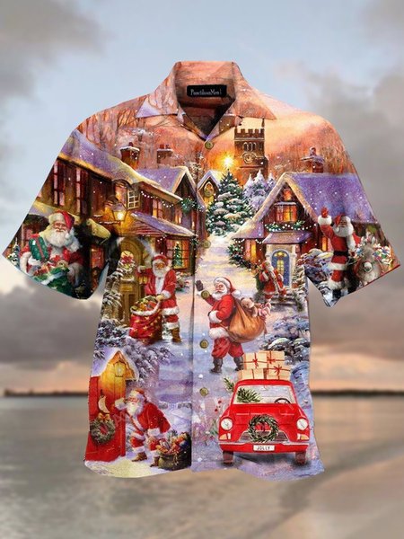 

Mens Christmas Santa Print Loose Short Sleeve Shirts, Red, Men's Floral shirt