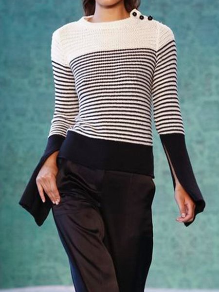 

Striped Slit Long Sleeve Sweater, Stripe, Pullovers