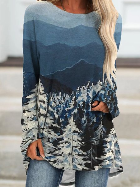 

Landscape gradient print round neck long sleeve mini dress, As picture, Dresses