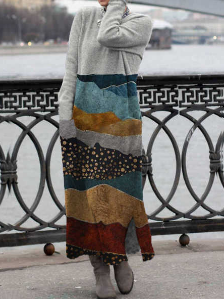 

Casual Crew Neck Landscape Painting Dresses, Gray, Maxi Dresses