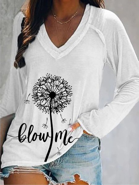 Casual Dandelion Long Sleeve V Neck Plus Size Printed Tops T-shirts, White, T-Shirts