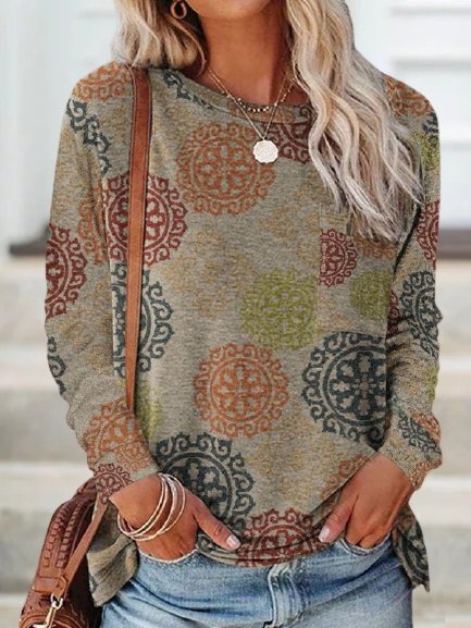 

Vintage Tribal Floral Patttern Long Sleeve Crew Neck Plus Size Casual Tops, Multicolor, T-Shirts