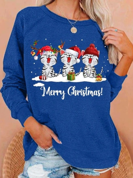 

Crew Neck Casual Christmas Snowman Sweatshirt, Blue, Long sleeve tops
