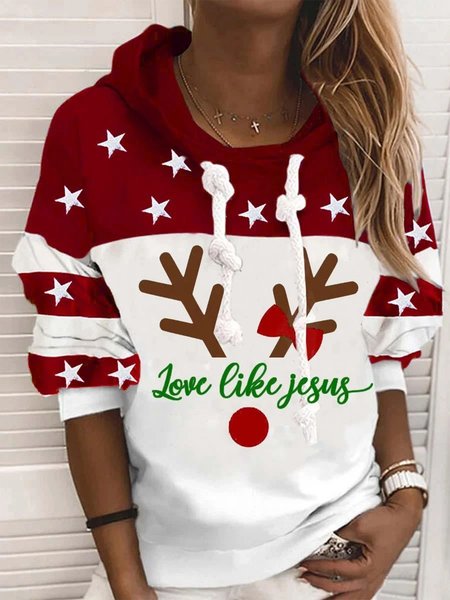 

Color-block Stars Christmas Deer Love Like Jesus Printed Hoodie Long Sleeve Plus Size Casual Sweatshirts, White-red, Hoodies & Sweatshirts