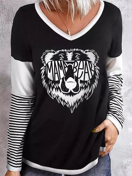 

Long Sleeve Letter V Neck Casual Shirts & Tops, Black, T-Shirts