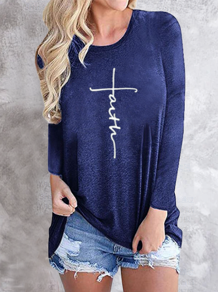 

Casuale Lettera Camicie & Top Cotone, Blu, Blouses & Shirts
