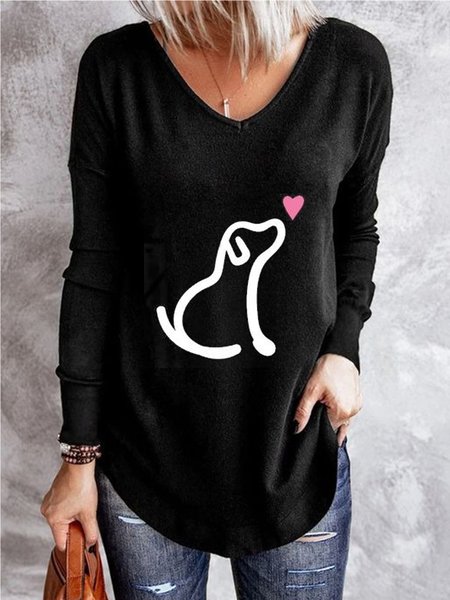 

Casual Animal Loosen V neck Long Sleeve Shirts & Tops, Black, T-Shirts