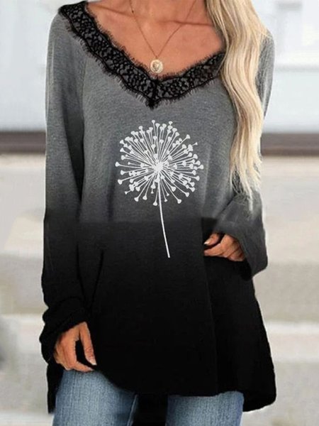 

Dandelion Printed Lace V Neck Loosen Long Sleeve Shirts & Tops, Black, Tops