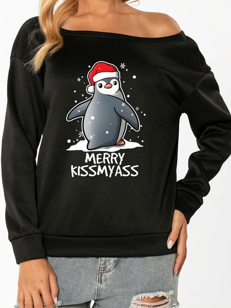 

Unocis Christmas Fun Printed Off Shoulder Sweatshirt, Black, Sweatshirts