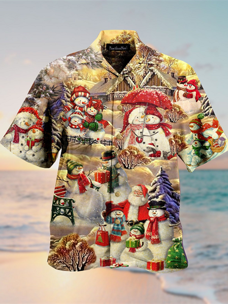 

Mens Christmas Snowman Print Loose Short Sleeve Shirts, Khaki, Men's Floral shirt
