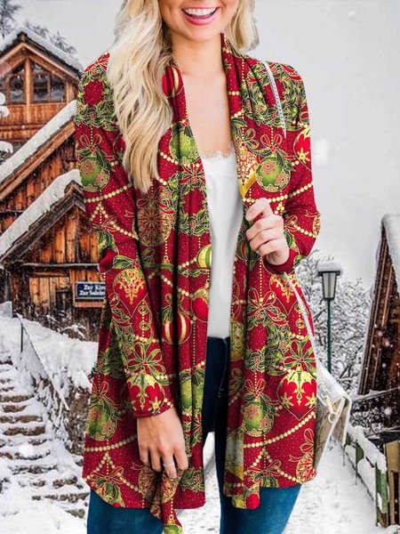 

Christmas Xmas Long Sleeve Plus Size Printed Cardigans, Multicolor, Outerwear