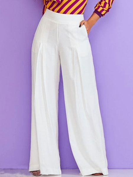 

Fall Loosen Elegant Mid-weight Work Formal High Waist Non-Stretch Pants, White, Wide Leg Pants