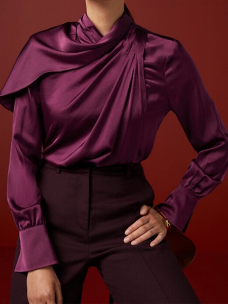 

Elegant Formal Long Sleeve Satin Top, Purple red, Blouses and Shirts
