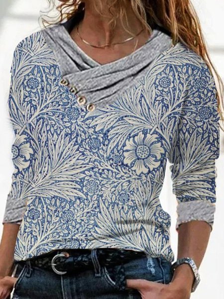 

Casual Vintage Printed Cowl neck Long Sleeve Shirts & Tops, Blue, Tops