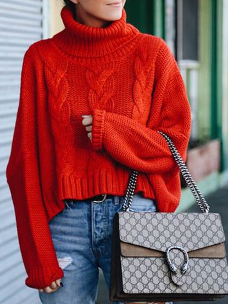 

High Neck Work Daily Date Regular Fit Plain Sweet Sweater, Red, Pullovers