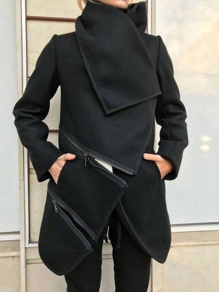 

High Neck Long Sleeve Zipper Casual Outerwear, Black, Coats