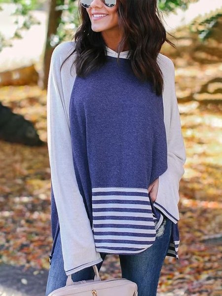

Color-block Striped Long Sleeve Plus Size Casual Tops, Multicolor, T-Shirts