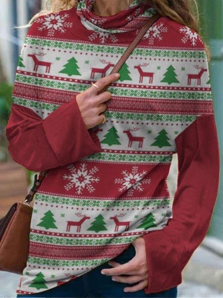

Color-block Christmas Snow Elk Long Sleeve Cowl Neck Plus Size Casual Tops, Multicolor, T-Shirts
