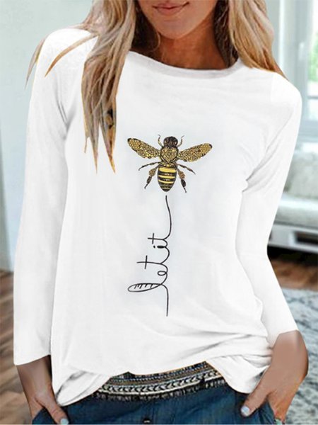 

Bee Letters Printed Long Sleeves Crew Neck Plus Size Casual Tops, White, T-Shirts