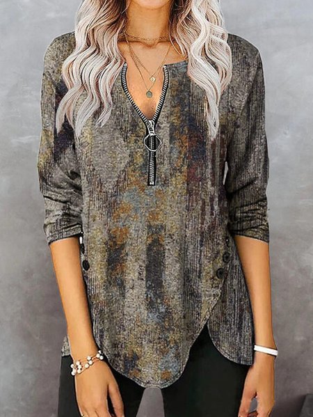 

Vintage Printed Long Sleeve V Neck Shirts & Tops, Multicolor, T-Shirts