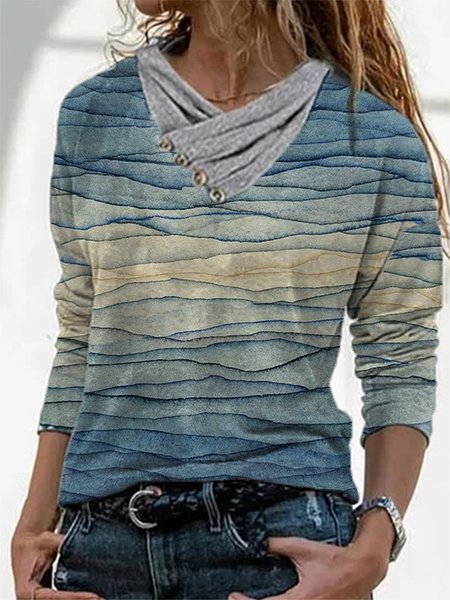 

Maniche Lunghe Stampato Collo ad anello Casuale Top, Multicolore, T-Shirts