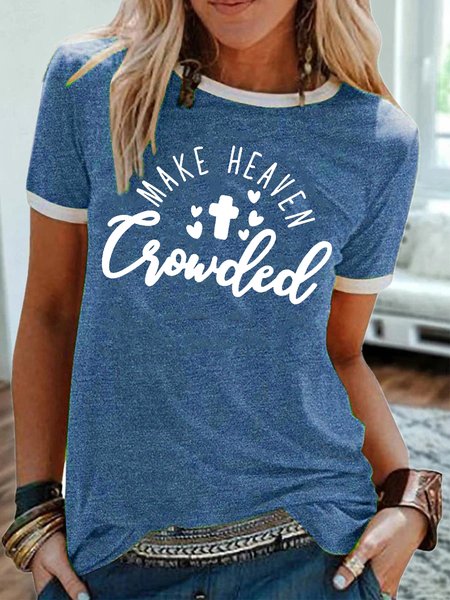 

Letter print round neck short sleeve ringer tee, Blue, T-shirts
