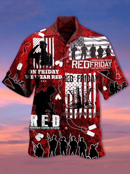 

Mens American Flag Veterans Print Loose Short Sleeve Shirts, Red, Men's Floral shirt