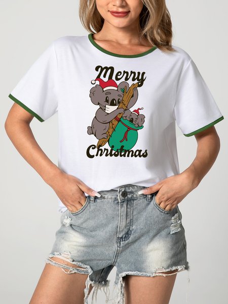 

Unocis Christmas Koala Printed Round Neck Short Sleeve Ringer Tee, Green, T-shirts