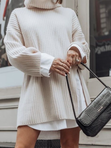 

High Neck Solid Elegant Long sleeve Sweater, Apricot, Pullovers
