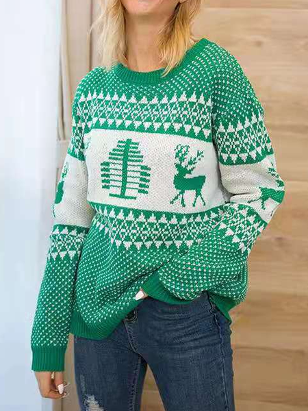 

Christmas Yarn/Wool Yarn Casual Regular Fit Sweater, Green, Sweaters
