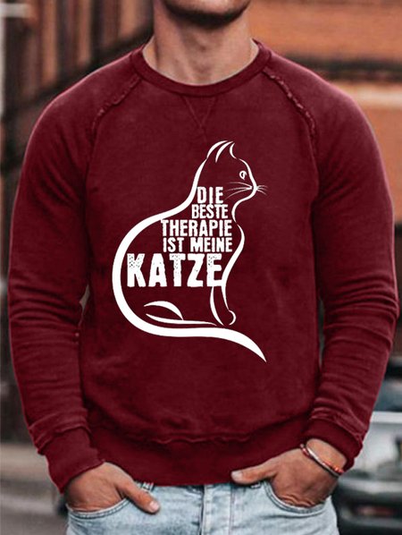 

Cat print round neck long-sleeved sweatshirt, Red, Hoodies&Sweatshirts