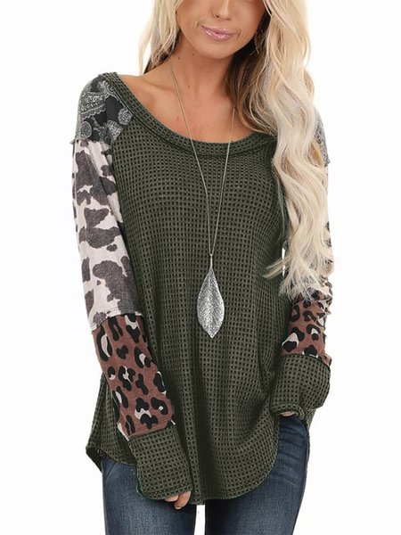 

Loosen Crew Neck Solid Leopard Long Sleeves Tops, Army green, Tops