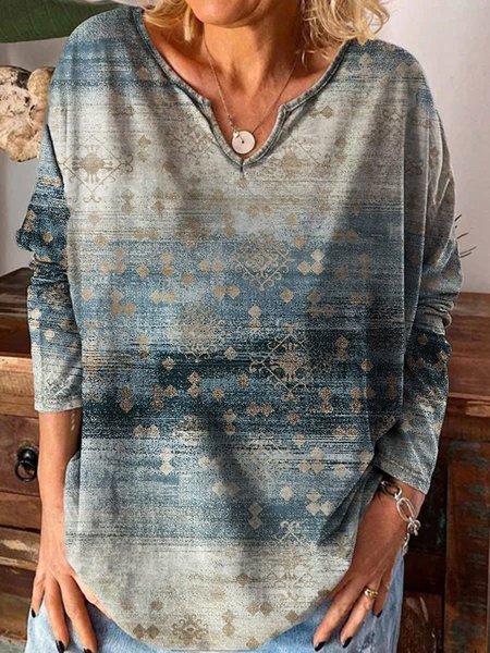 

Stampato Scollo a V Casuale Vintage taglia grande Allentare Top, Grigio, Blouses & Shirts