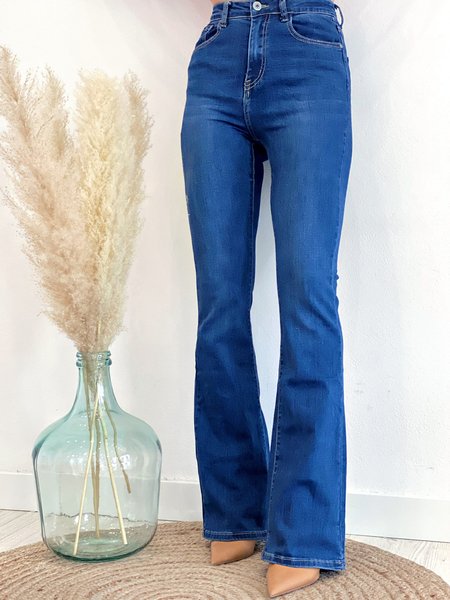 

Solid elastic medium waist basic washed denim horn pants women, Denim blue, Pants