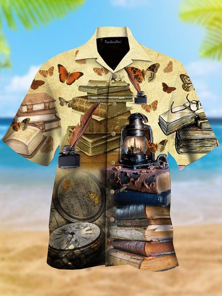

Mens Book Print Loose Short Sleeve Shirts, Khaki, Men's Floral shirt