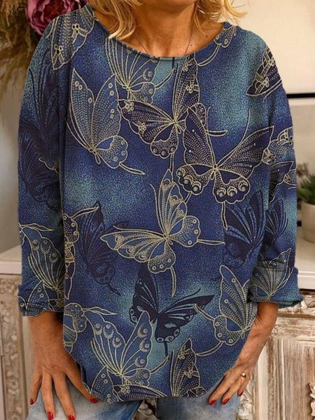 

Casual Long Sleeve Crew Neck Printed Sweatshirt, Blue, Hoodies & Sweatshirts