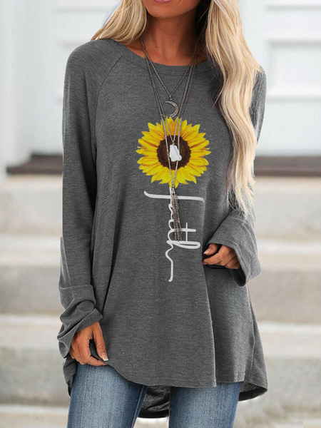 

Floral Casual Cotton Blends Crew Neck T-shirt, Gray, Tunics