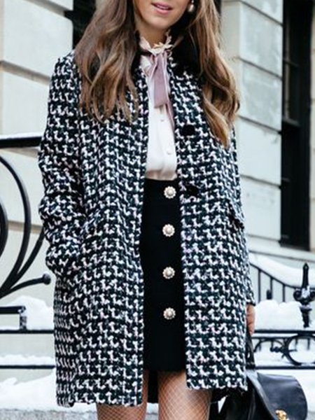 

Houndstooth Round Neck Vintage Outerwear, Black-white, Coats