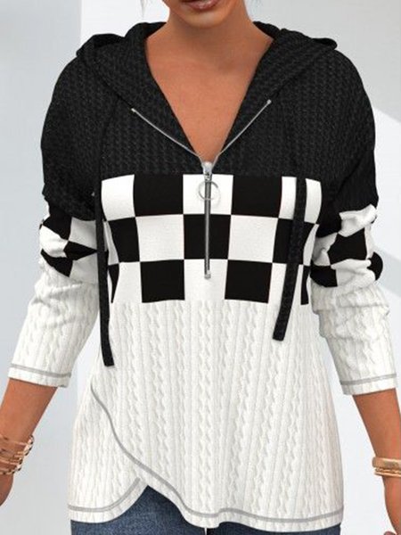 

New long sleeve V-neck zipper twist black and white checkerboard print top T-shirt women, Black-white, Long sleeve tops