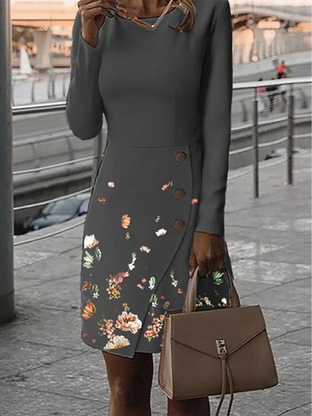 

Elegant Floral Buttoned Dresses, Deep gray, Floral Dresses