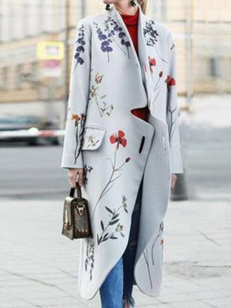 

V Neck Loosen Elegant Printed Outerwear, Gray, Coats