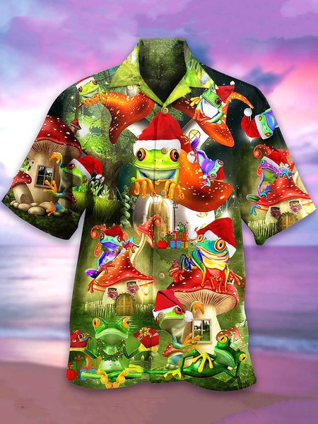 

Mens Christmas Frog Print Loose Short Sleeve Shirts, Green, Men's Floral shirt
