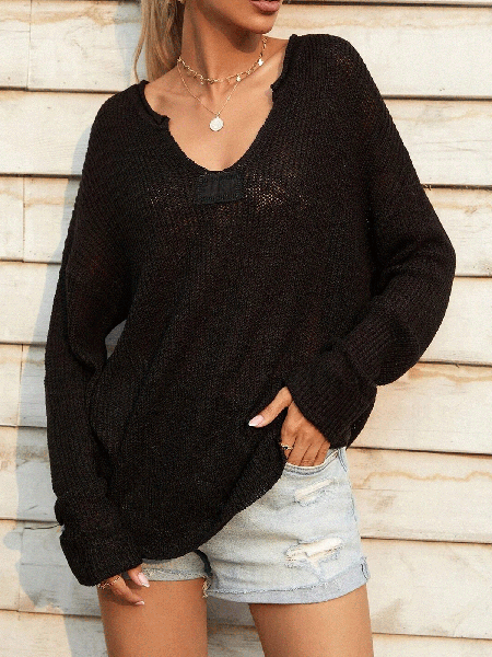 

Solid V Neck Loosen Sweater, Black, Knitwear & Sweaters