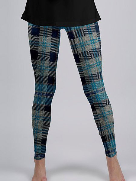 

Grid Printed Skinny Vintage Elastic Waist Pants, Blue, Pants
