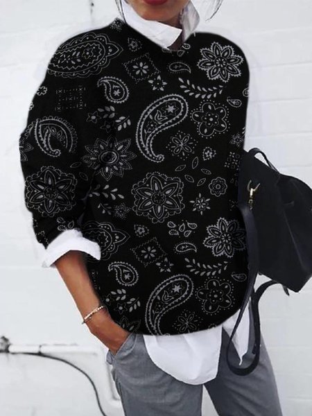 Casuale Girocollo Paisley Maniche Lunghe Top, Nero, Blouses & Shirts