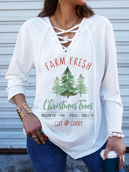 

Christmas Letter Cotton V Neck Shirts & Tops, White, Tops