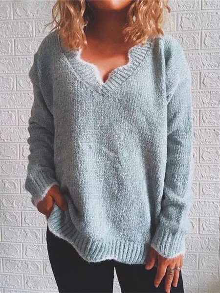 

V Neck Loosen Casual Sweater, Gray, Sweaters & Cardigans