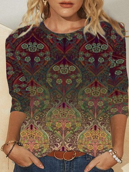 

Vintage Paisley Geometric Printed Long Sleeve Crew Neck Plus Size Casual Tops, Multicolor, T-Shirts