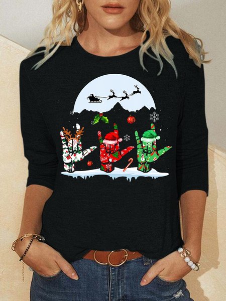 Christmas print round neck long sleeve T-shirt, Black, Hoodies&Sweatshirts