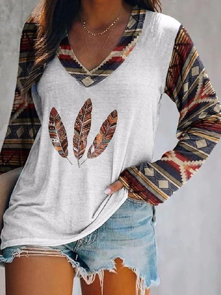 

Casual West Styles/Cows Printed V Neck Loosen Shirts & Tops, White, Tops